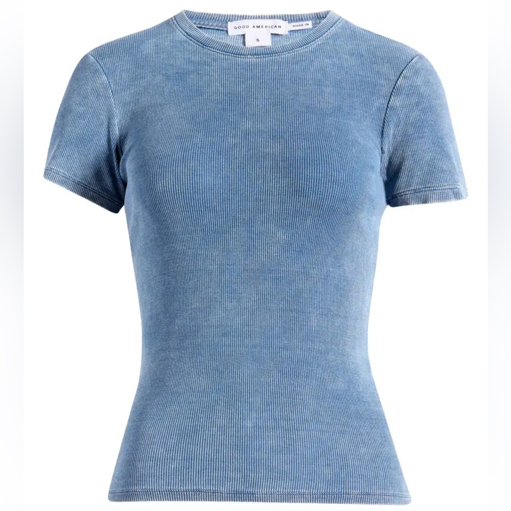 Good American Dusty Blue Ribbed Fitted Tee Minimalist Basic Top Size XS